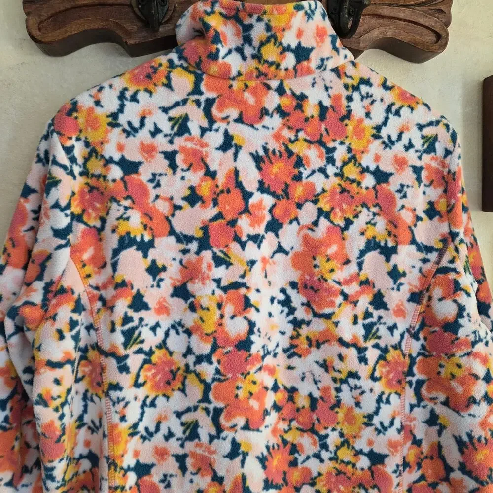 Lands End Womens Pullover 1/4 Zip Fleece Orange Floral Long Sleeve Cozy NWOT✨️L